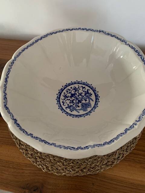 Large old Gien earthenware salad bowl with Rouen decor