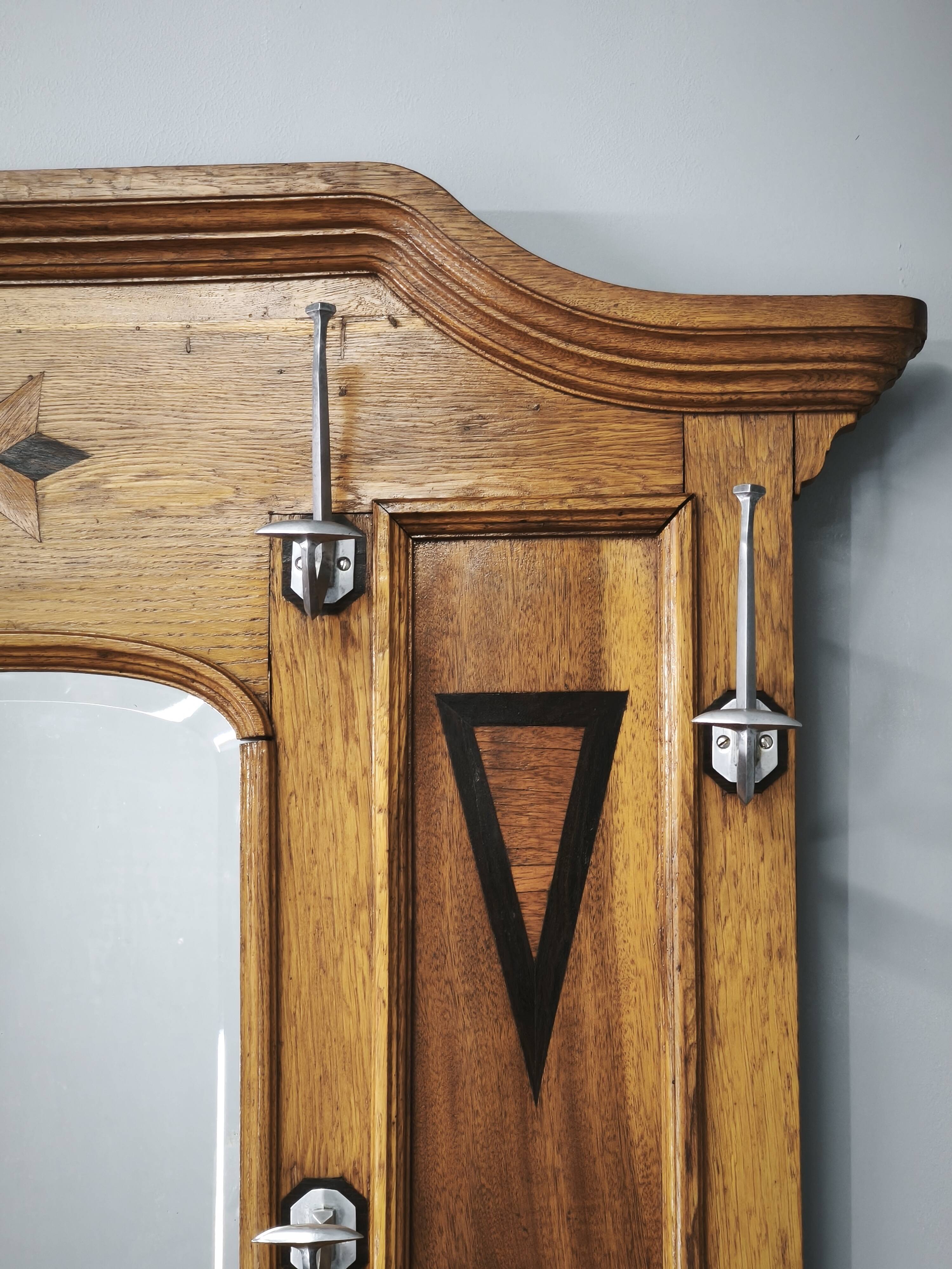 19th Century Gründerzeit Inlaid Oak Hall Tree with Mirror, circa 1890