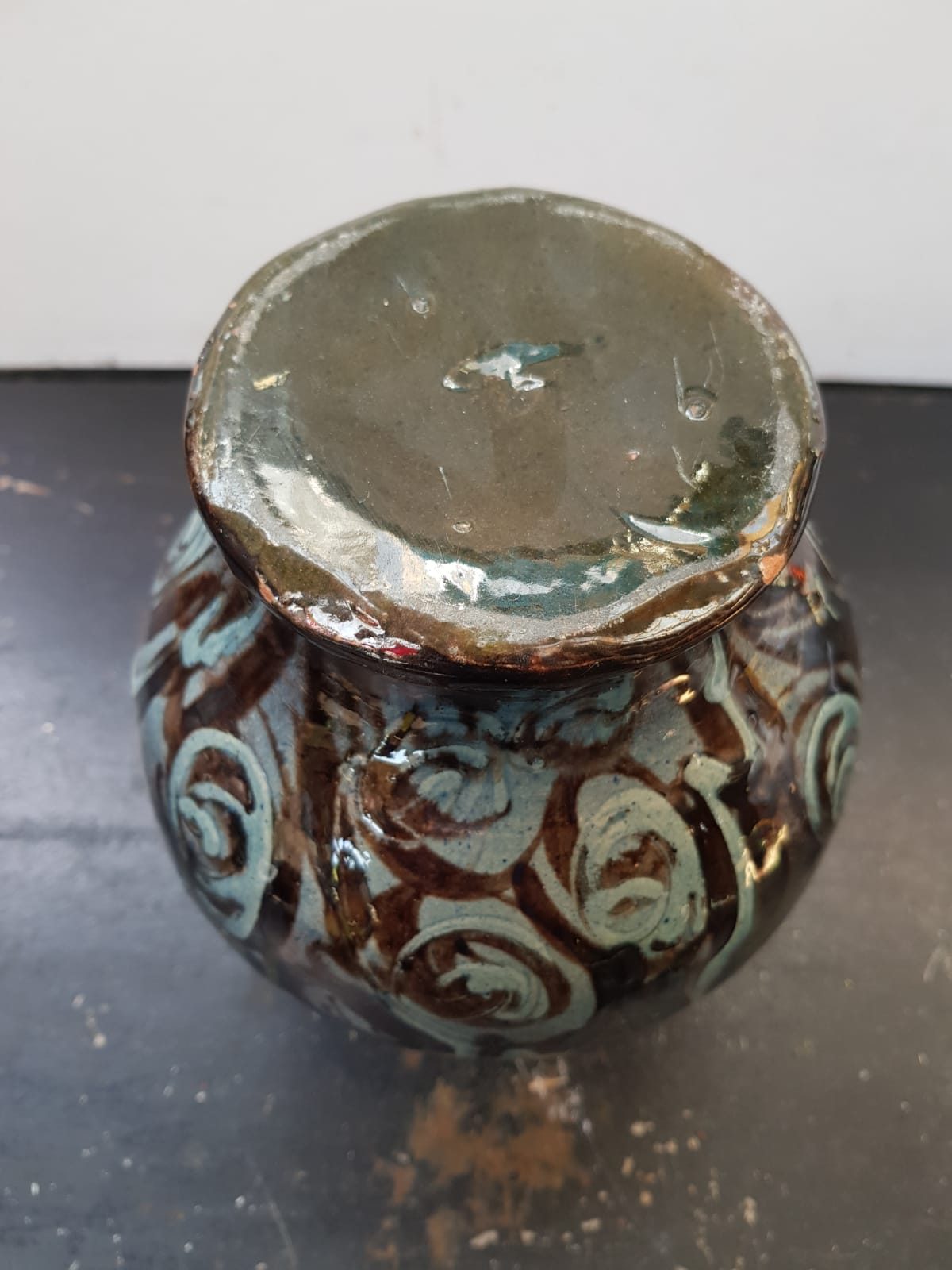 Old Vintage Glossy Varnished Brown & Blue Ceramic Vase