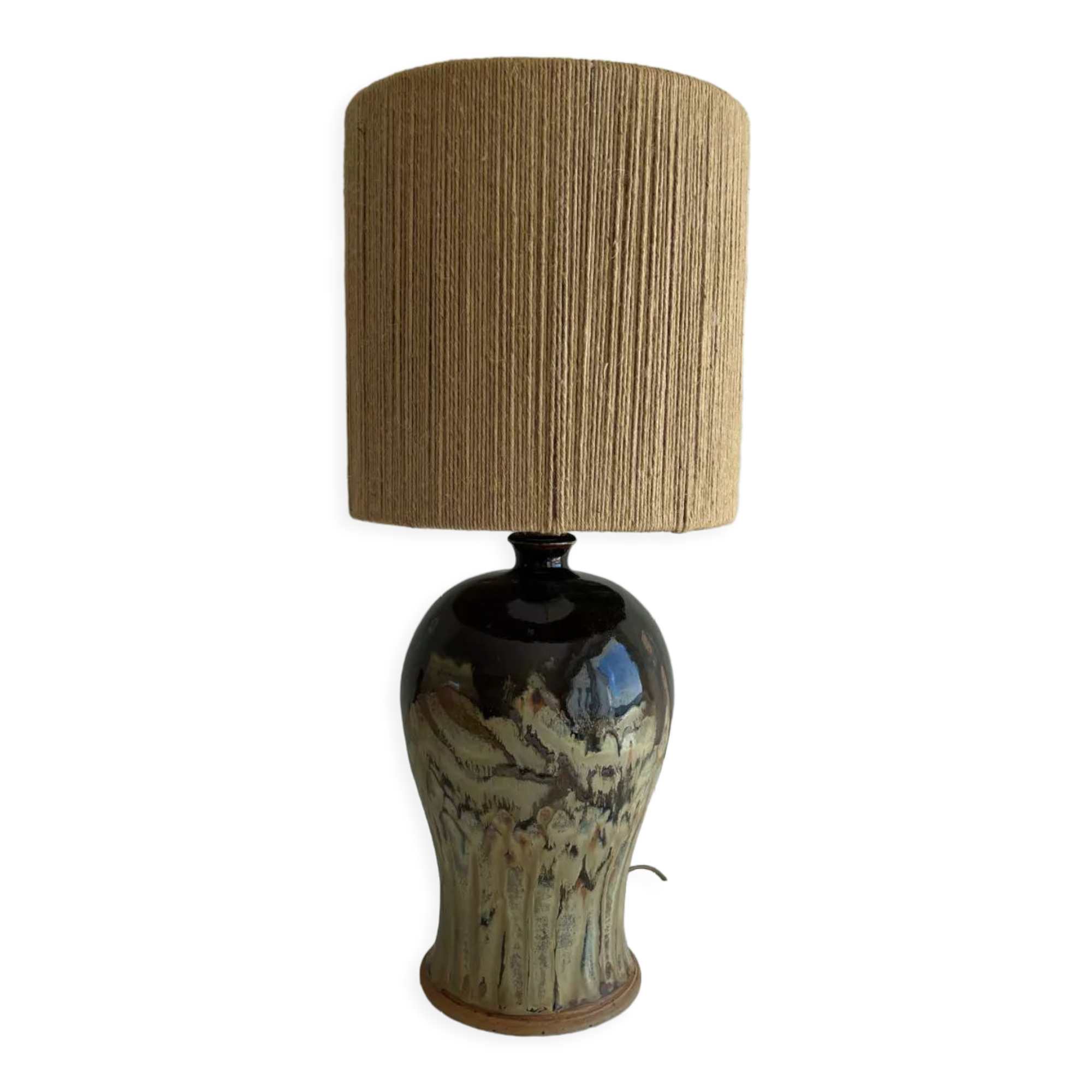 Flamed stoneware lamp and rope lampshade