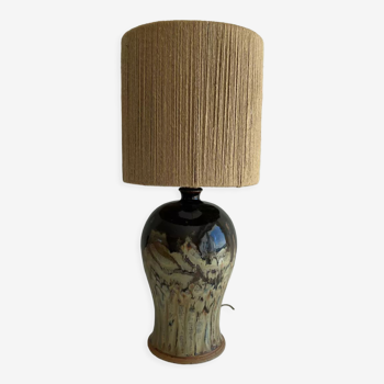 Flamed stoneware lamp and rope lampshade