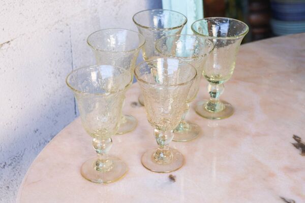 6 Verres à pied en verre soufflé bullé, production artisanale de Biot