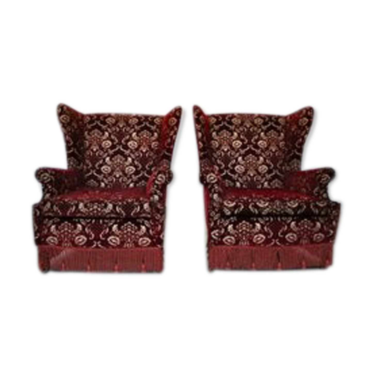 Mid-Century armchairs in damask red velvet, Italy, 50s, set of 2