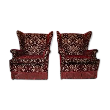 Mid-Century armchairs in damask red velvet, Italy, 50s, set of 2