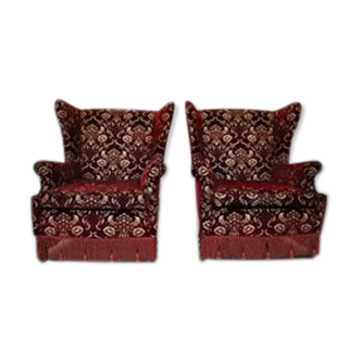 Mid-Century armchairs in damask red velvet, Italy, 50s, set of 2