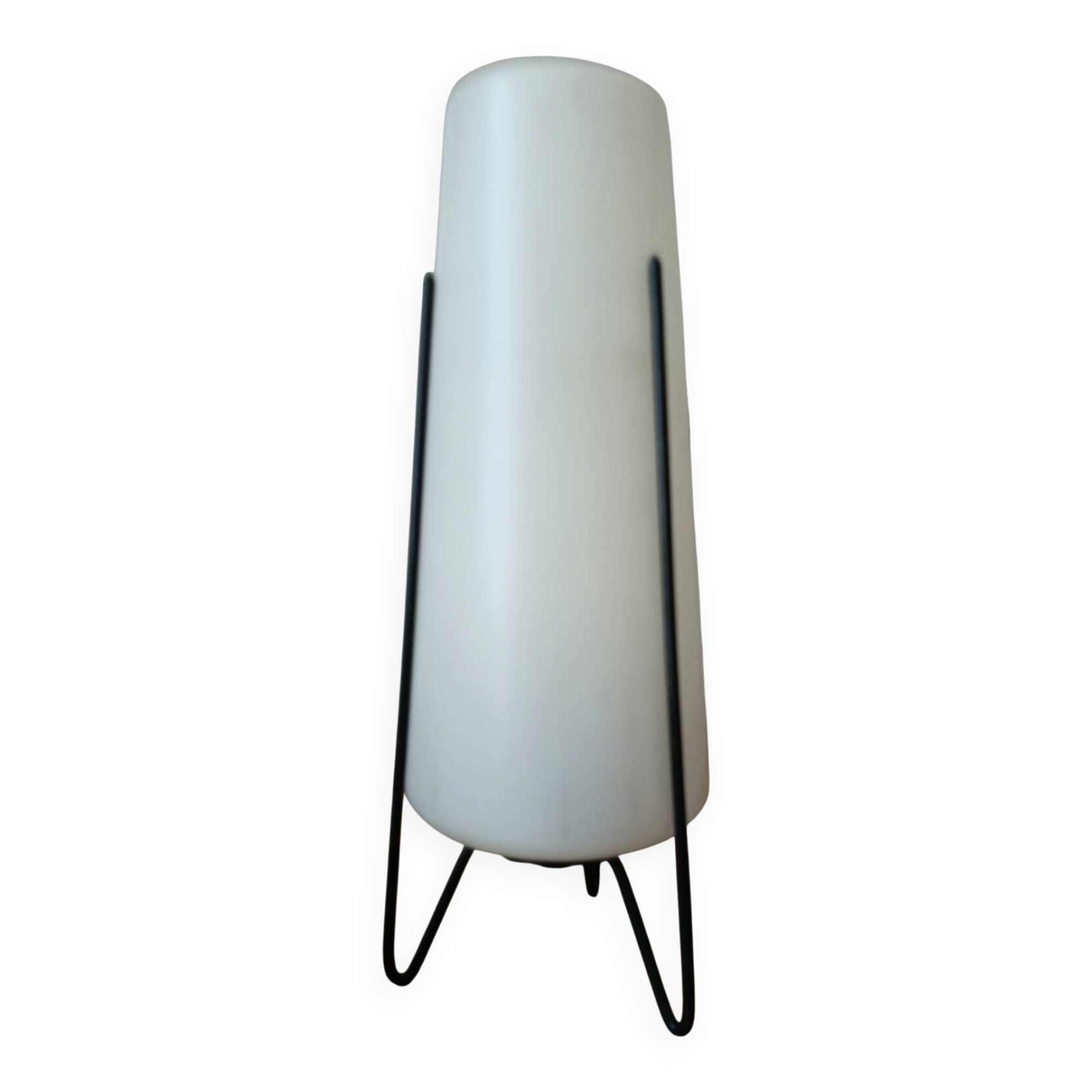 Tripod lamp in metal and white plastic, mid-century space age.