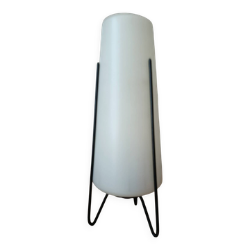 Tripod lamp in metal and white plastic, mid-century space age.