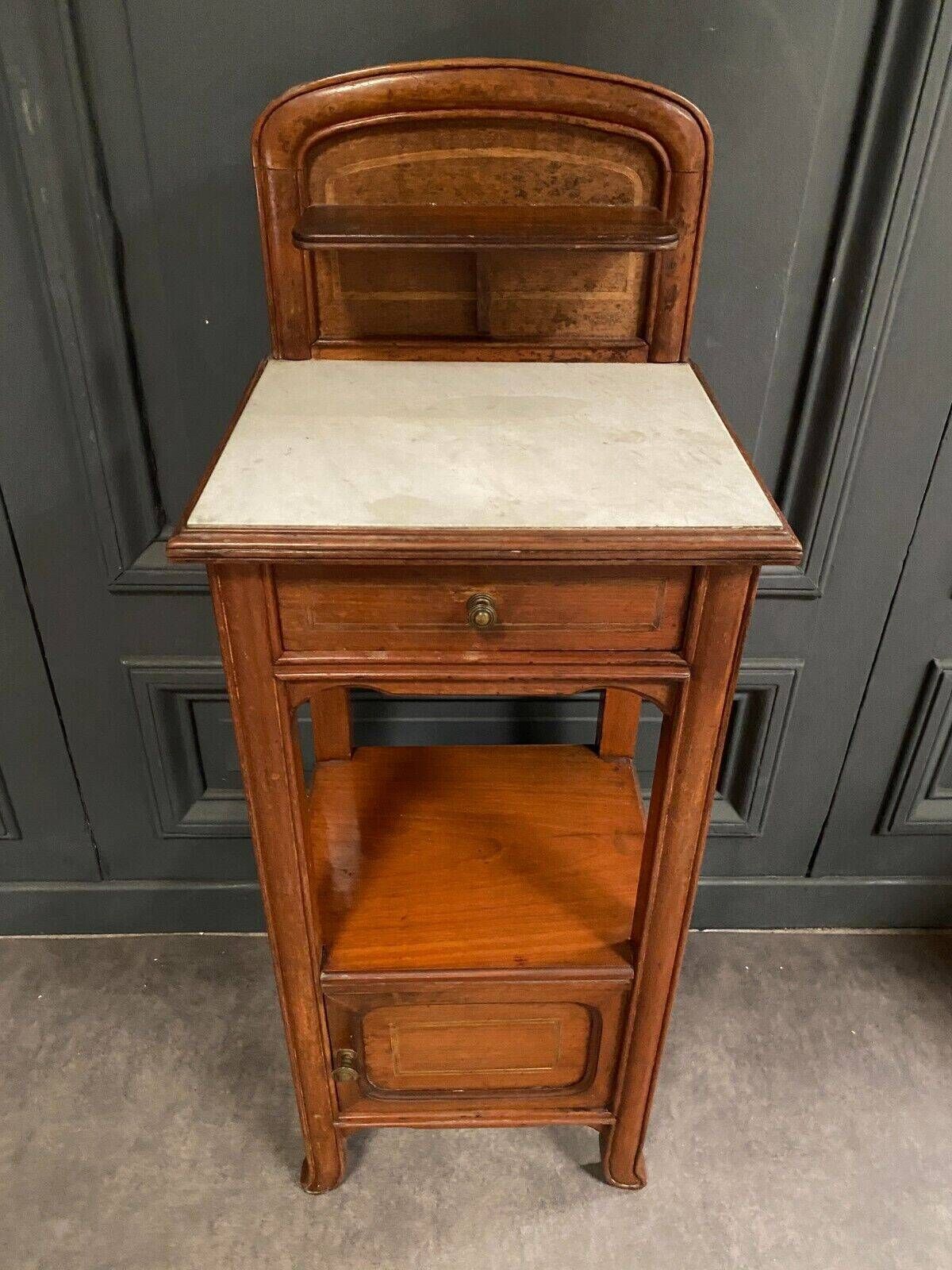Bedside table in blond mahogany 1900 Art Nouveau white marble top