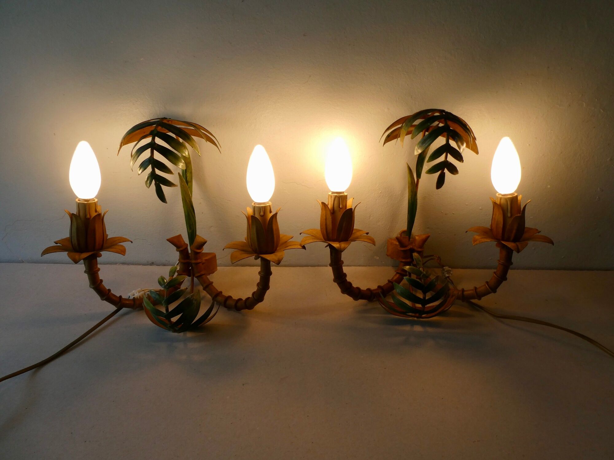 Pair of bamboo and palm sconces in metal 70s