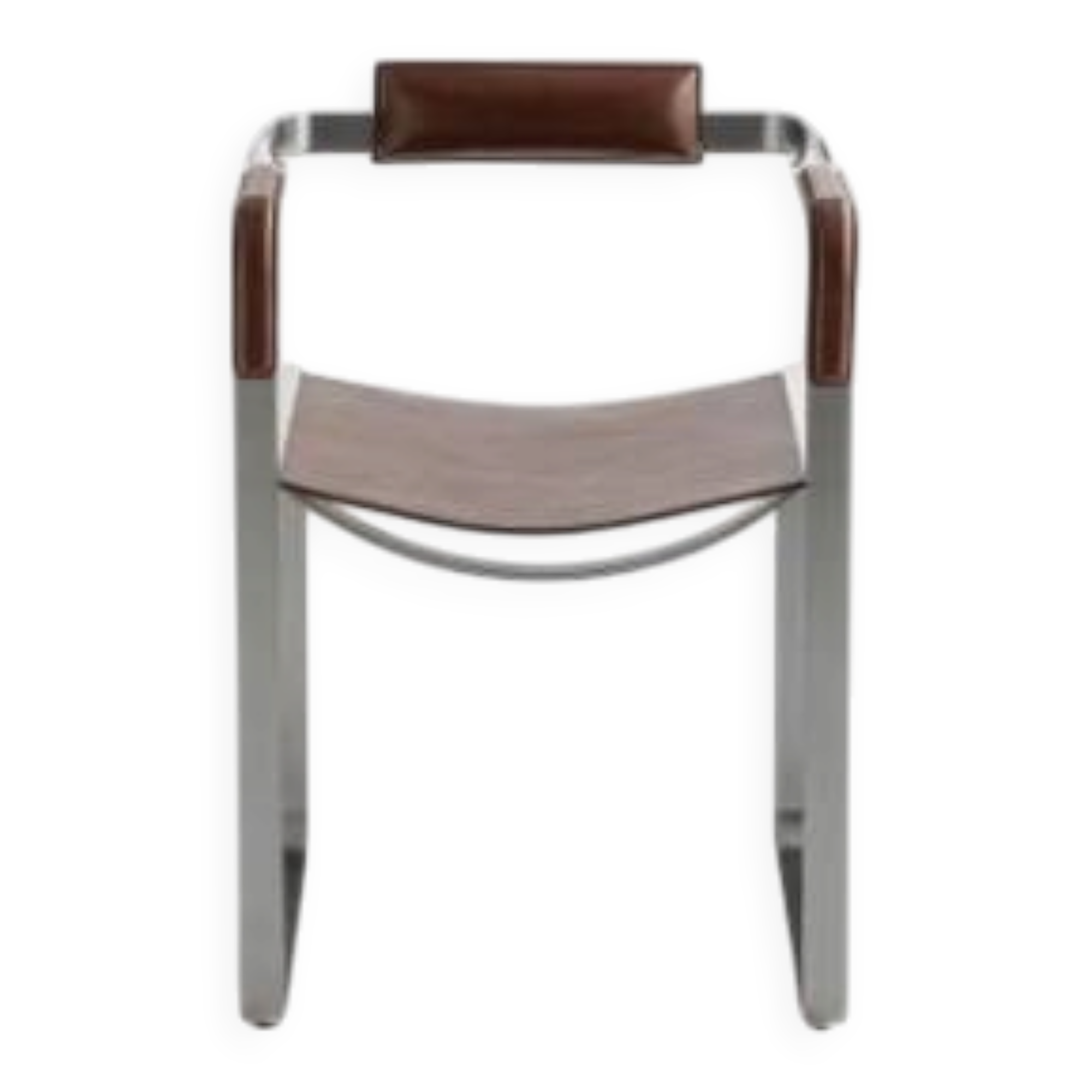 Armchair, old silver steel and dark brown leather, contemporary style.