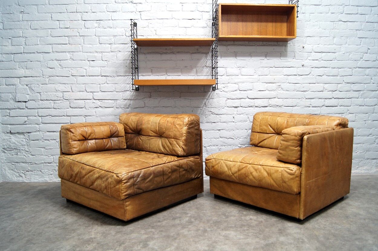 Cognac leather patchwork modular sofa or daybeds, 1970s