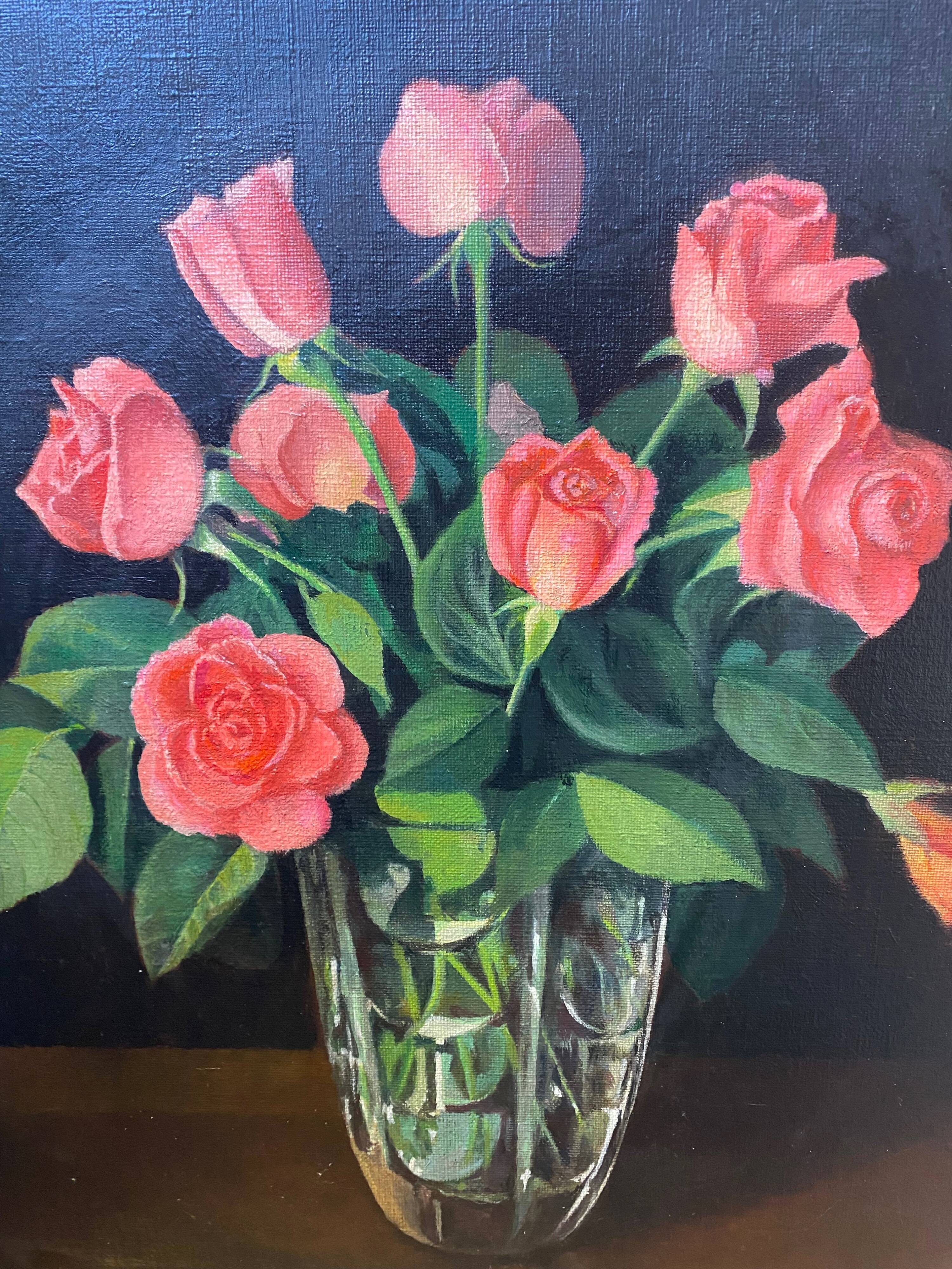 HST table "Bouquet of roses in its glass vase" with frame