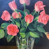 HST table "Bouquet of roses in its glass vase" with frame