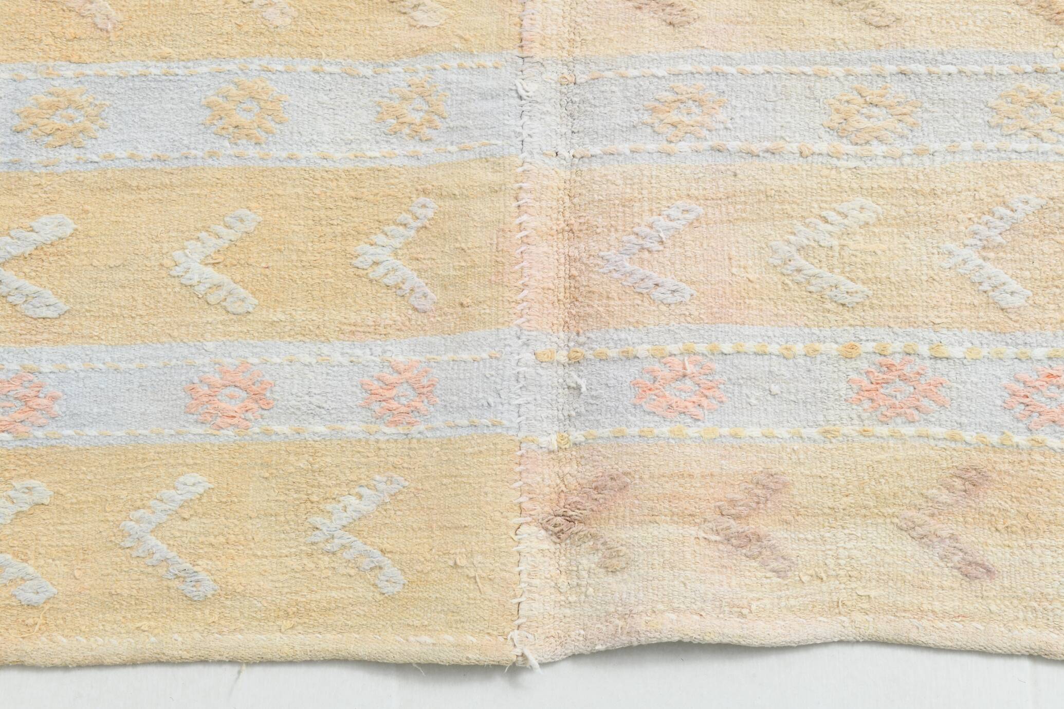 Soft Beige & Mustard Yellow Striped Wool Kilim Rug, 155x396