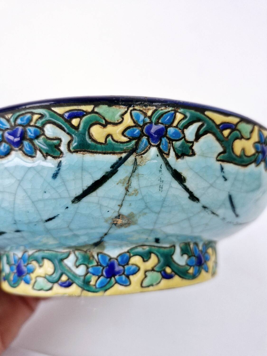 Old bowl on pedestal with raised edges art deco ceramic Longwy