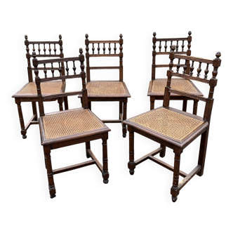 Set of 5 Henri II style chairs – turned wood and cane