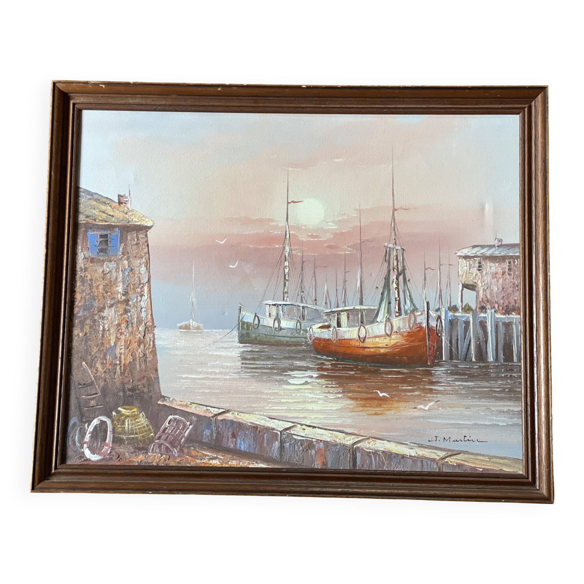 Painting signed Martin, vintage fishing boats 1970