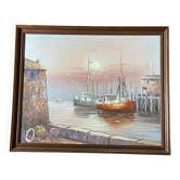 Painting signed Martin, vintage fishing boats 1970