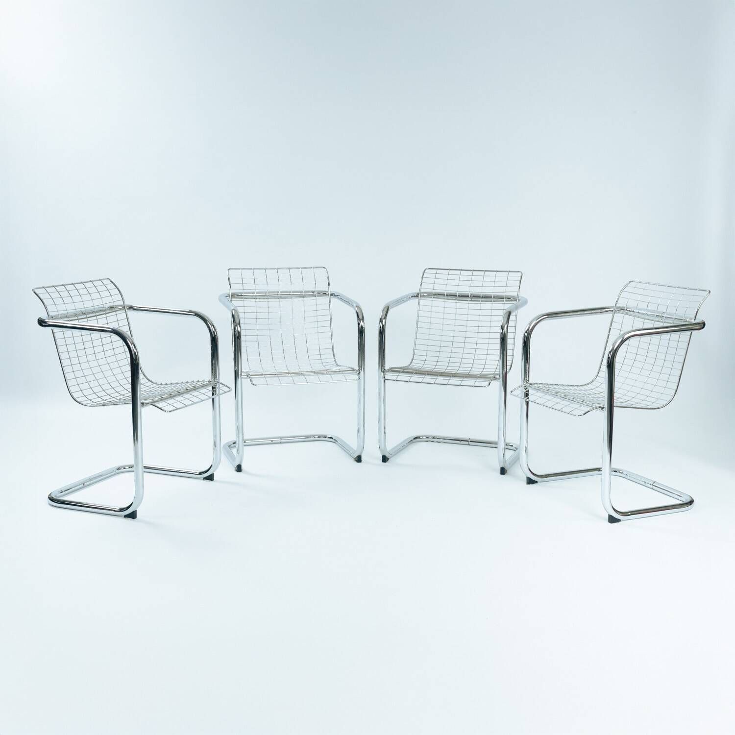 Set of 4 Vintage Italian Wire Chairs, Chrome and Metallic Wire, 1974