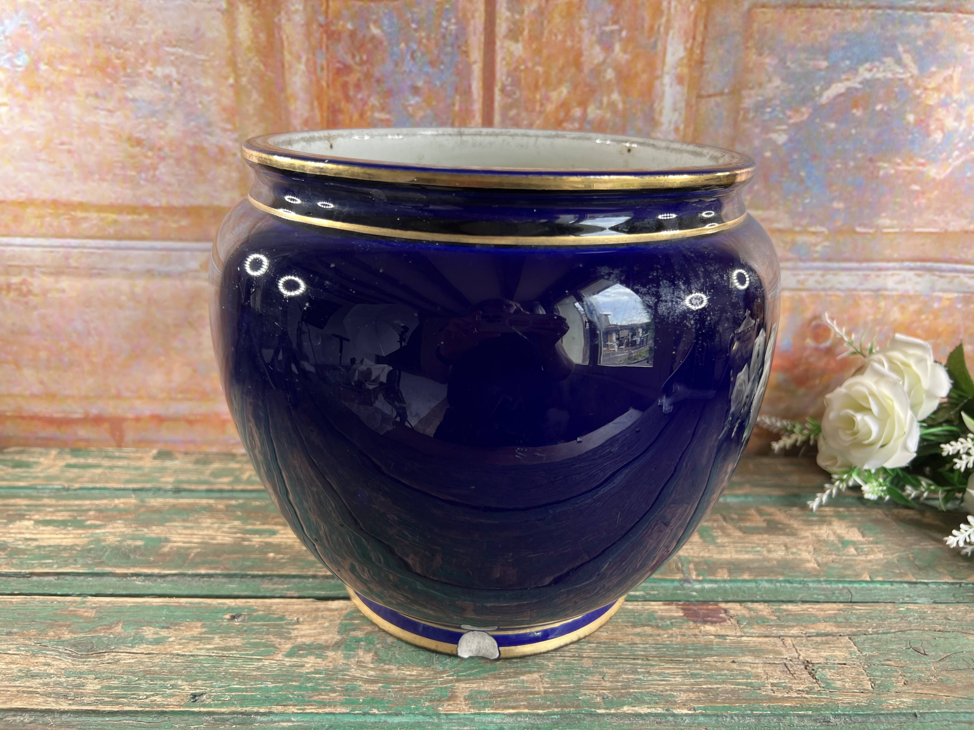 Large round old blue planter Luneville