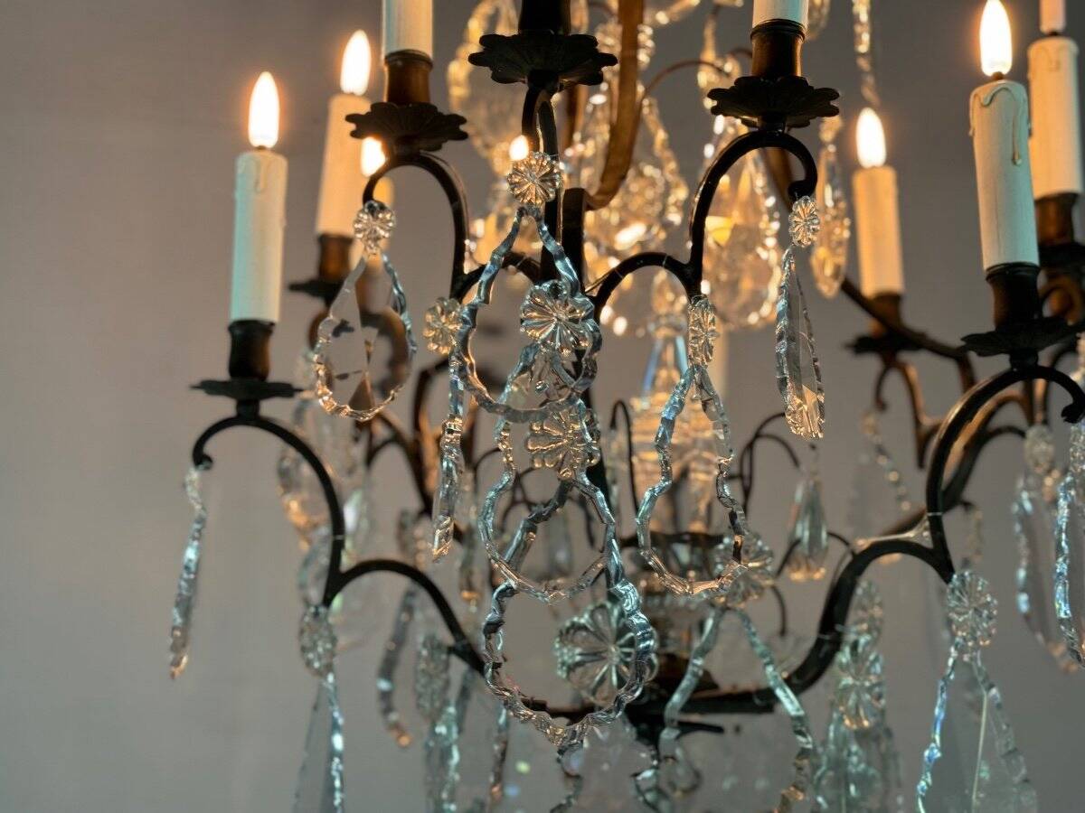 Black patinated bronze cage chandelier decorated with cut crystal pendants circa 1900