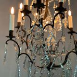 Black patinated bronze cage chandelier decorated with cut crystal pendants circa 1900