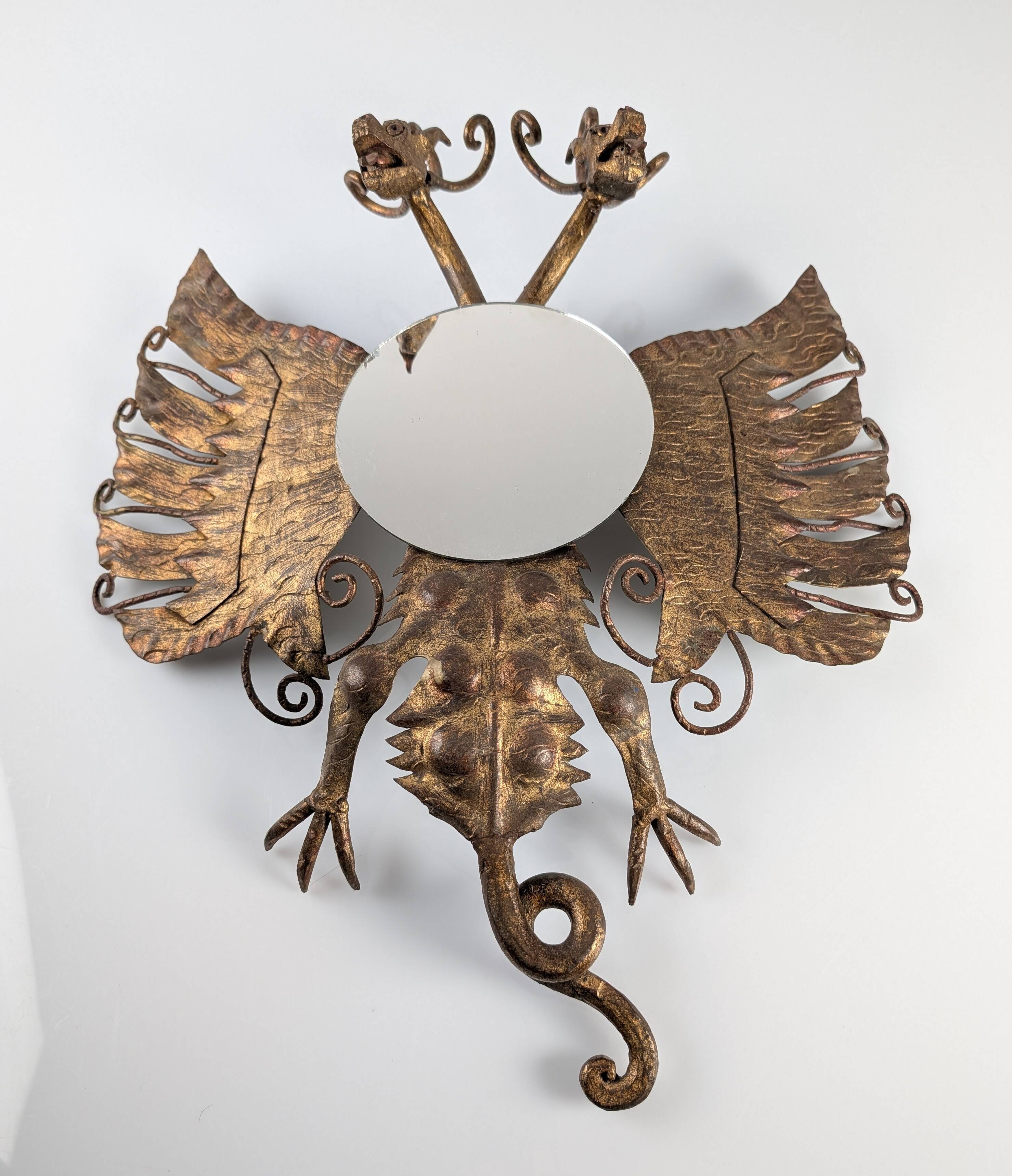 Spanish Neogothic Style Gilded Iron Mirror with Two-Headed Dragon