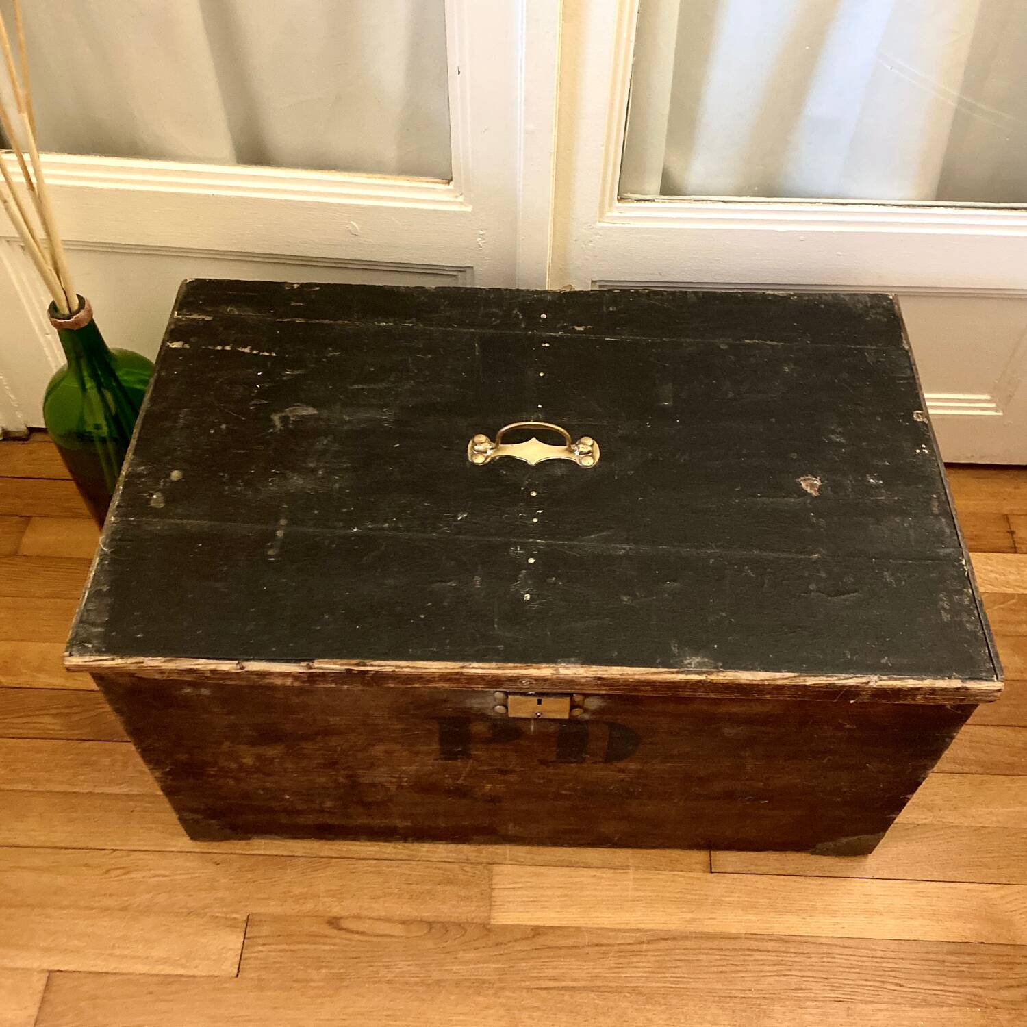 Old wooden trunk chest, vintage flat top