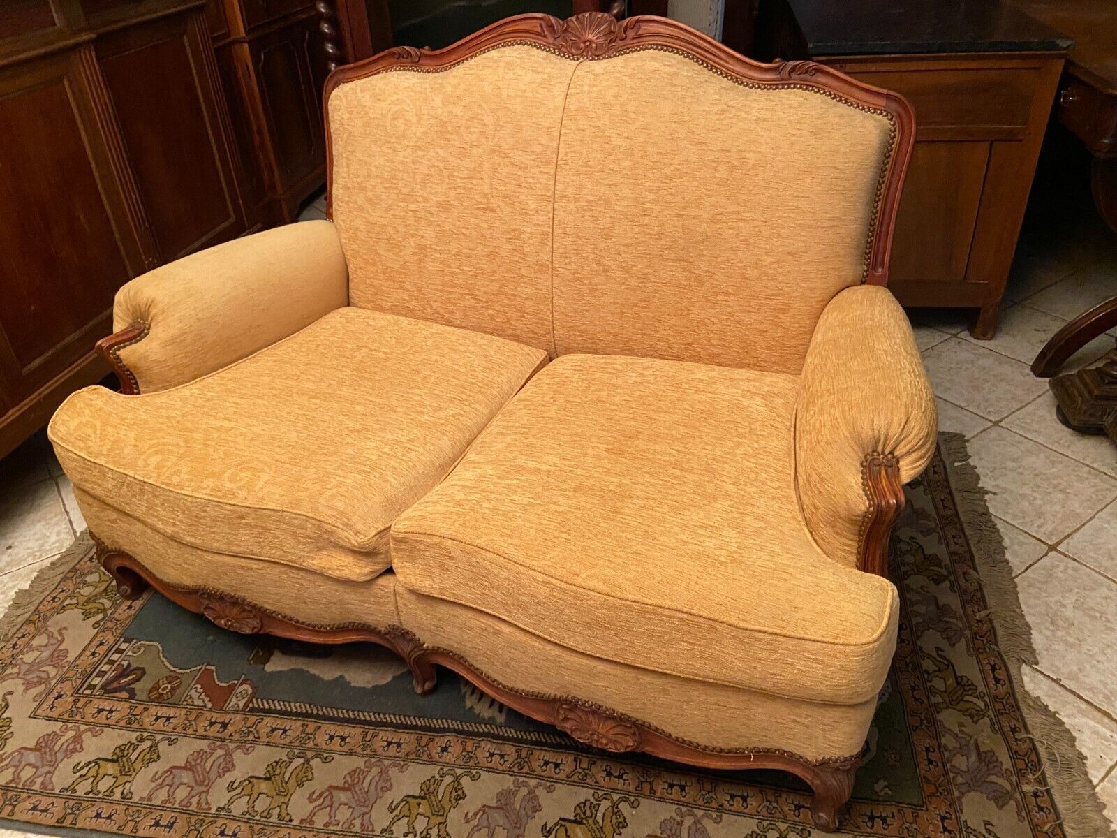 Sofa 2 places convertible sleeping 90x190 cherry Louis XV yellow velvet