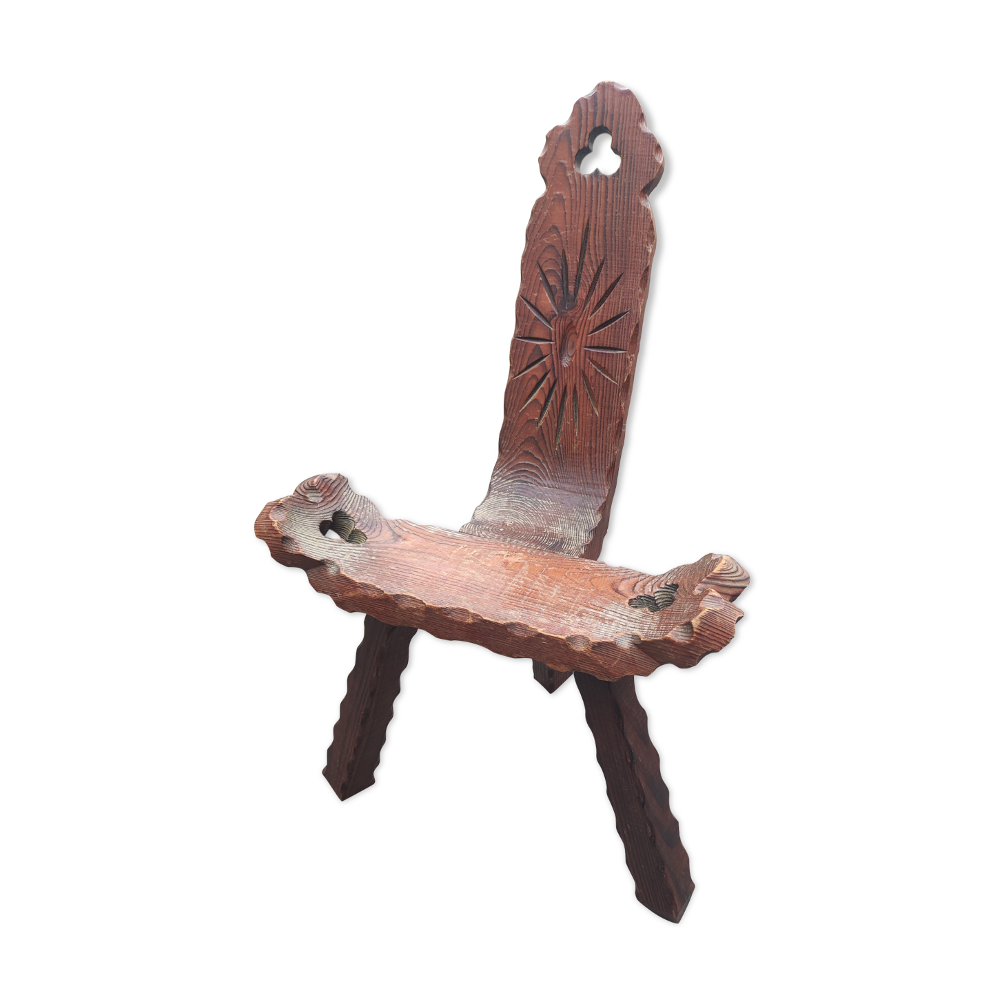 Brutalist carved wood tripod chair stool