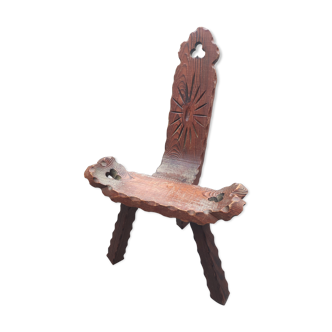 Brutalist carved wood tripod chair stool