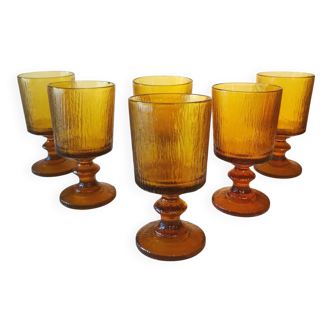 6 Large Vintage Amber Stemmed Glasses, 1970s Codec