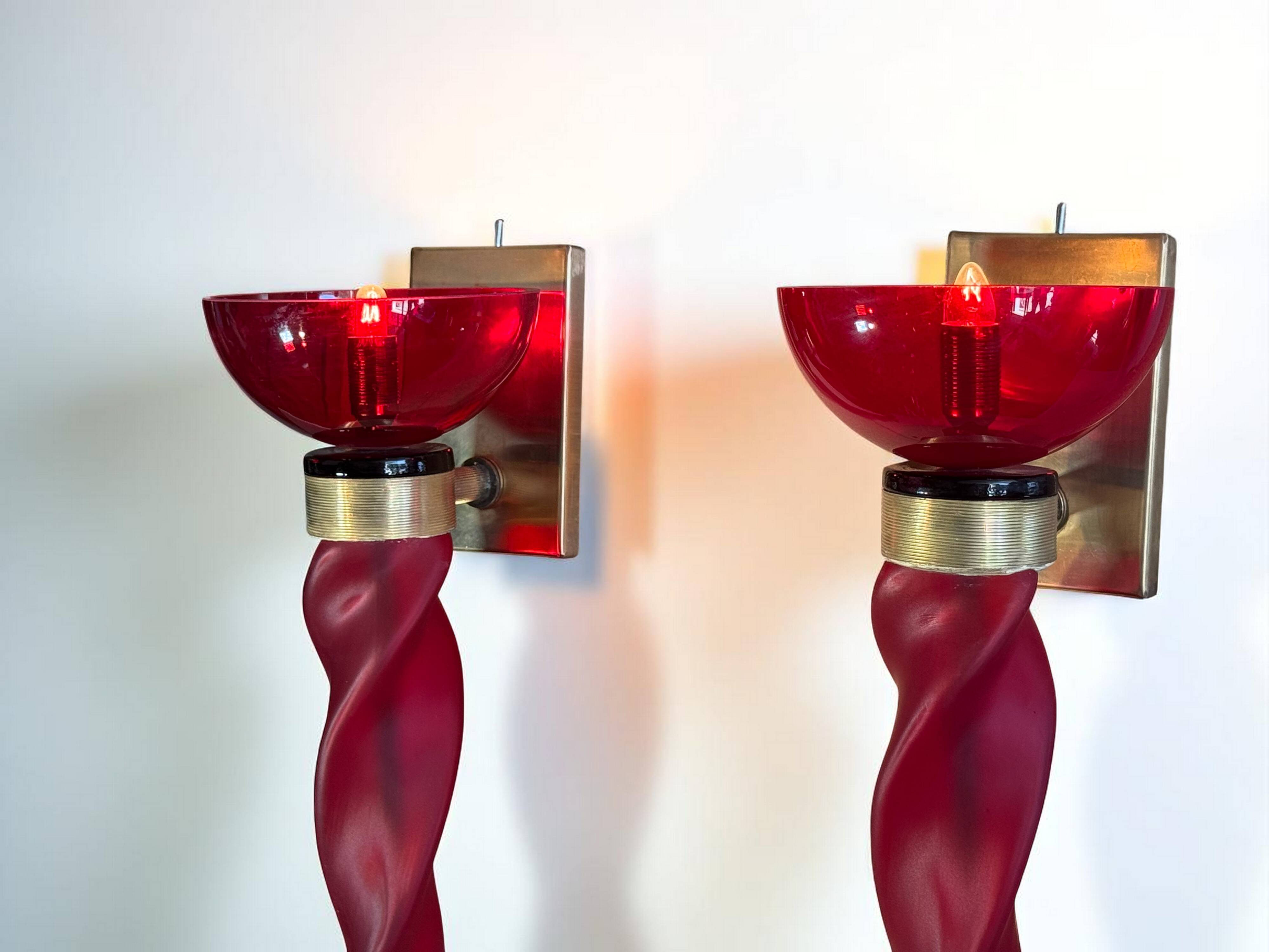 Pair of 62 cm murano torchere wall lights in red tinted glass and brass
