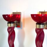 Pair of 62 cm murano torchere wall lights in red tinted glass and brass