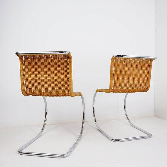 Pair of Cantilever chrome and Wicker Chairs Mies Van der Roye Style