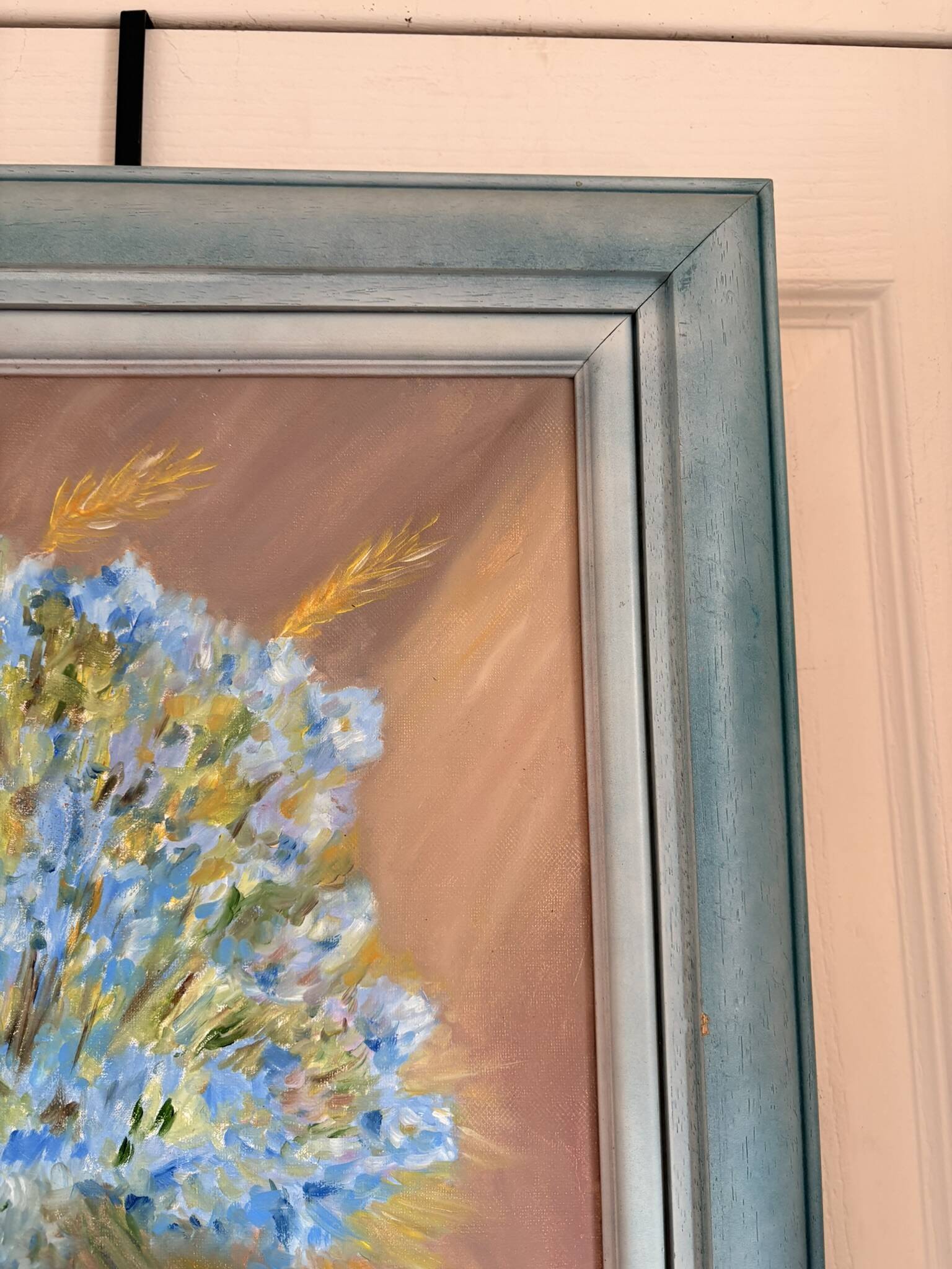 oil painting canvas still life flower bouquet blue violet Lyla