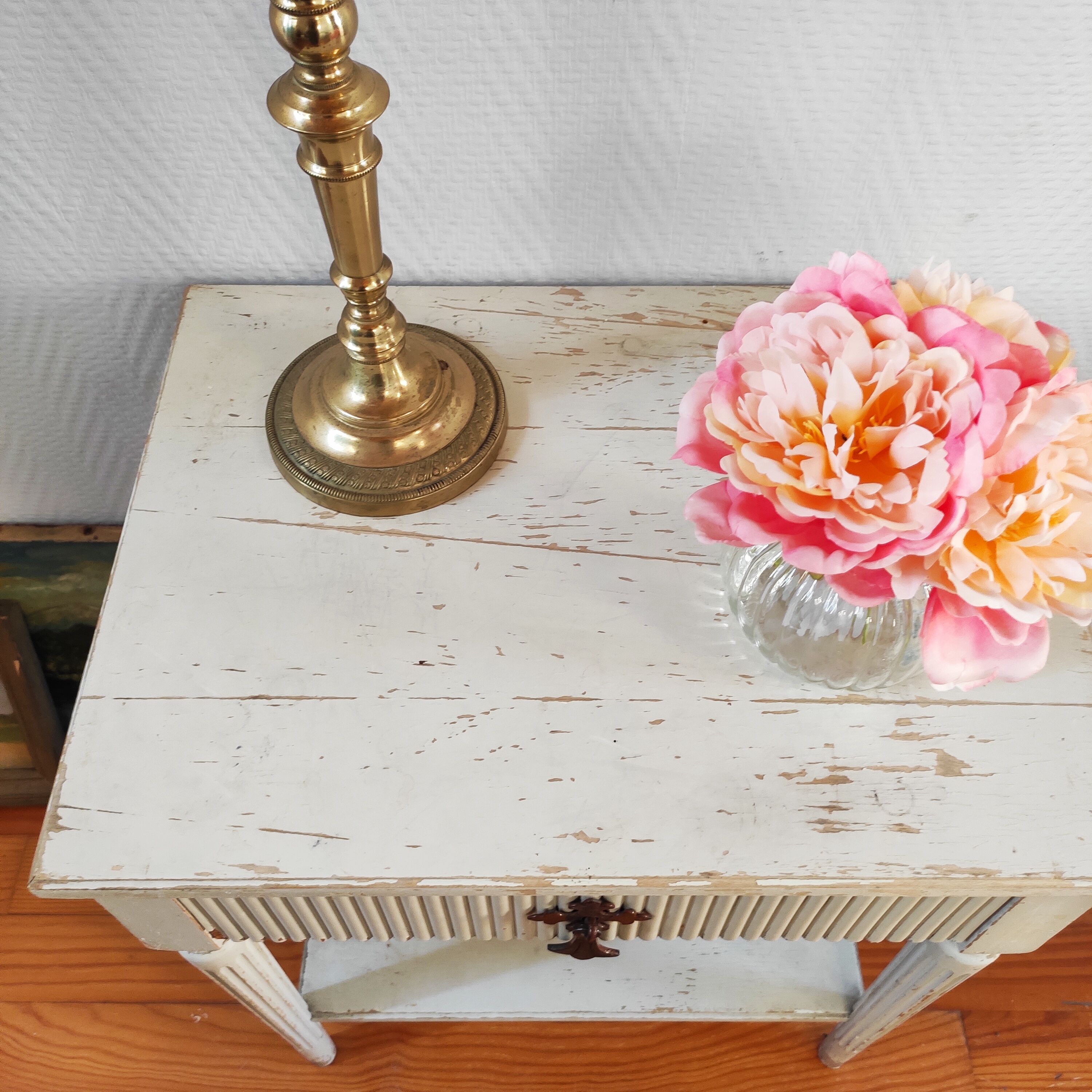 Patinated sofa end bedside