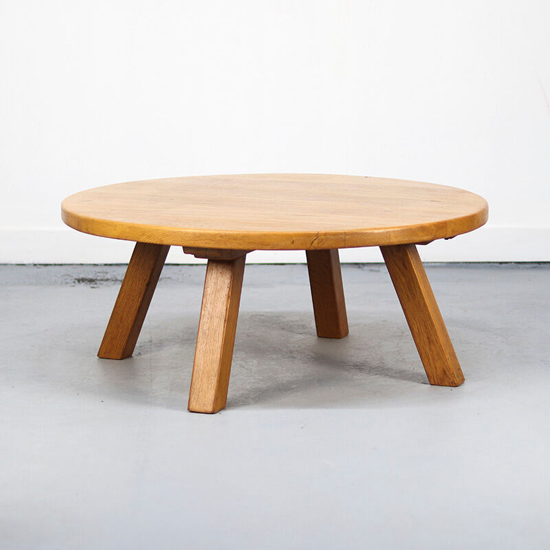 Large Round Rustic Vintage Brutalist Coffee Table in Oak