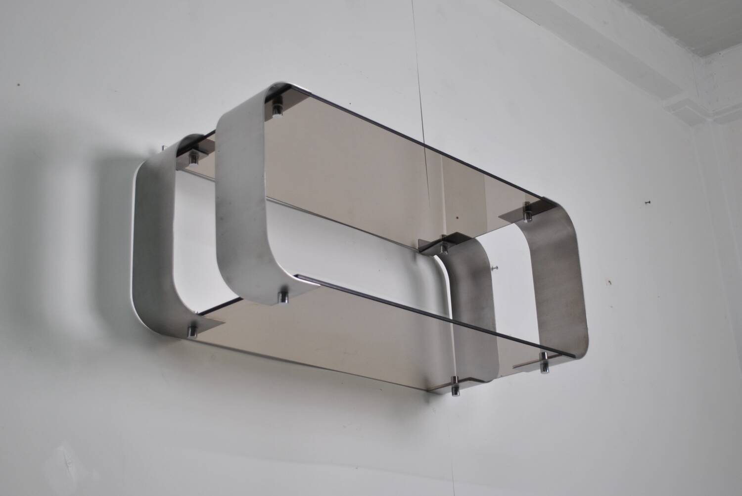 Brushed steel and smoked glass shelf, Donald Singer, 1970