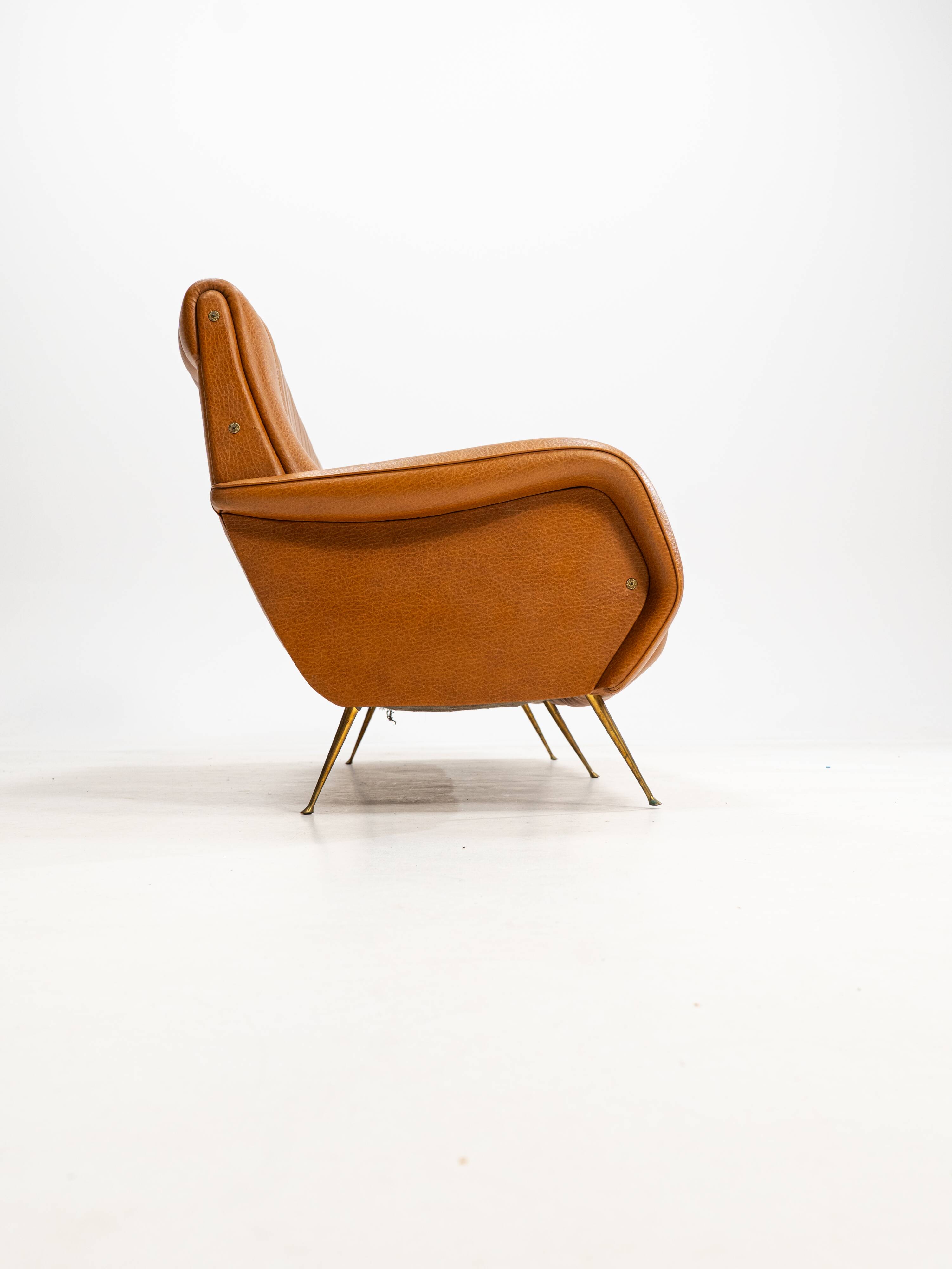 Three-seater sofa in skai with brass feet in the style of Marco Zanuso, 1950s