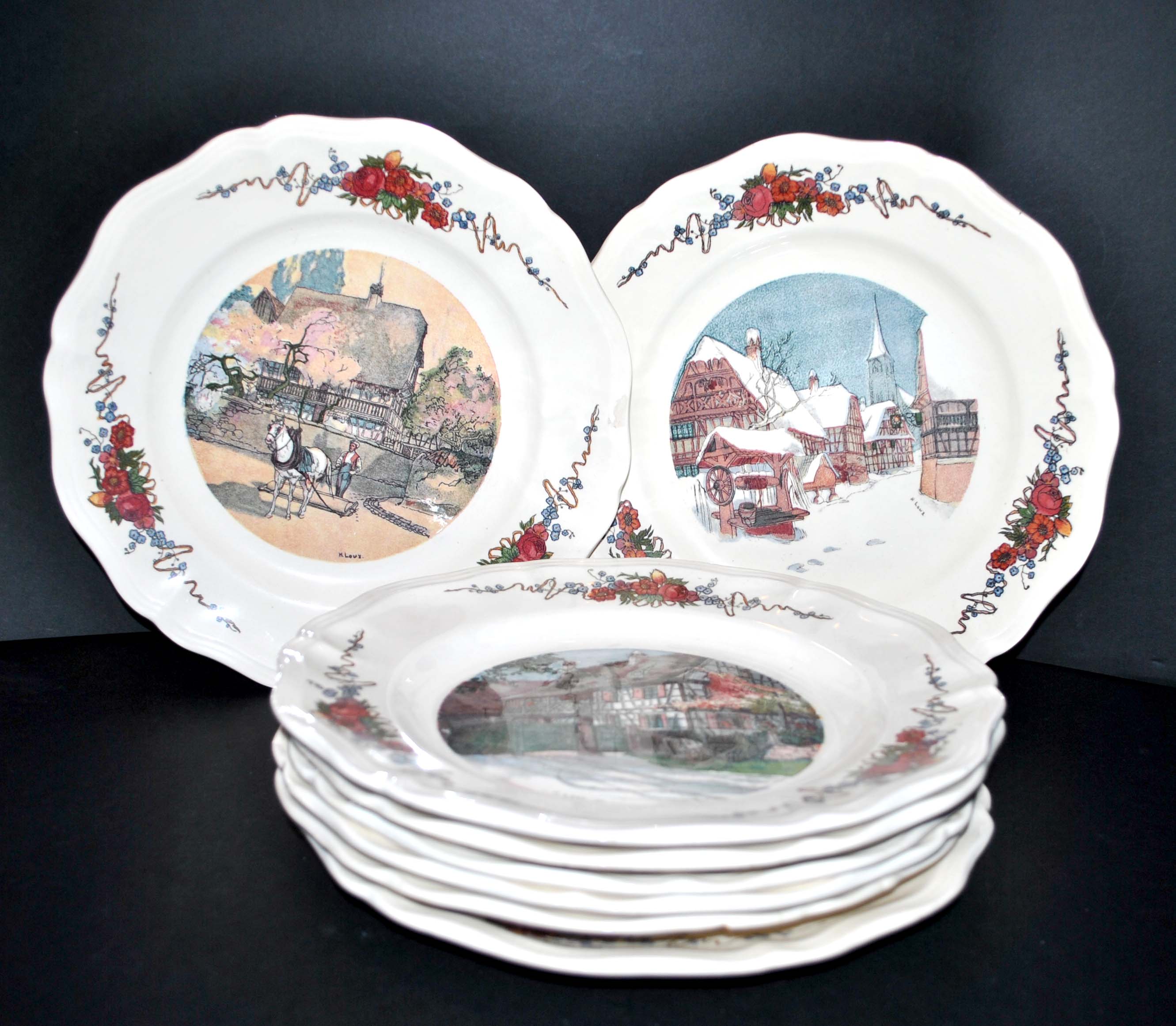 Set of 8 obernai flat plates in sarreguemines alsace earthenware 25cm