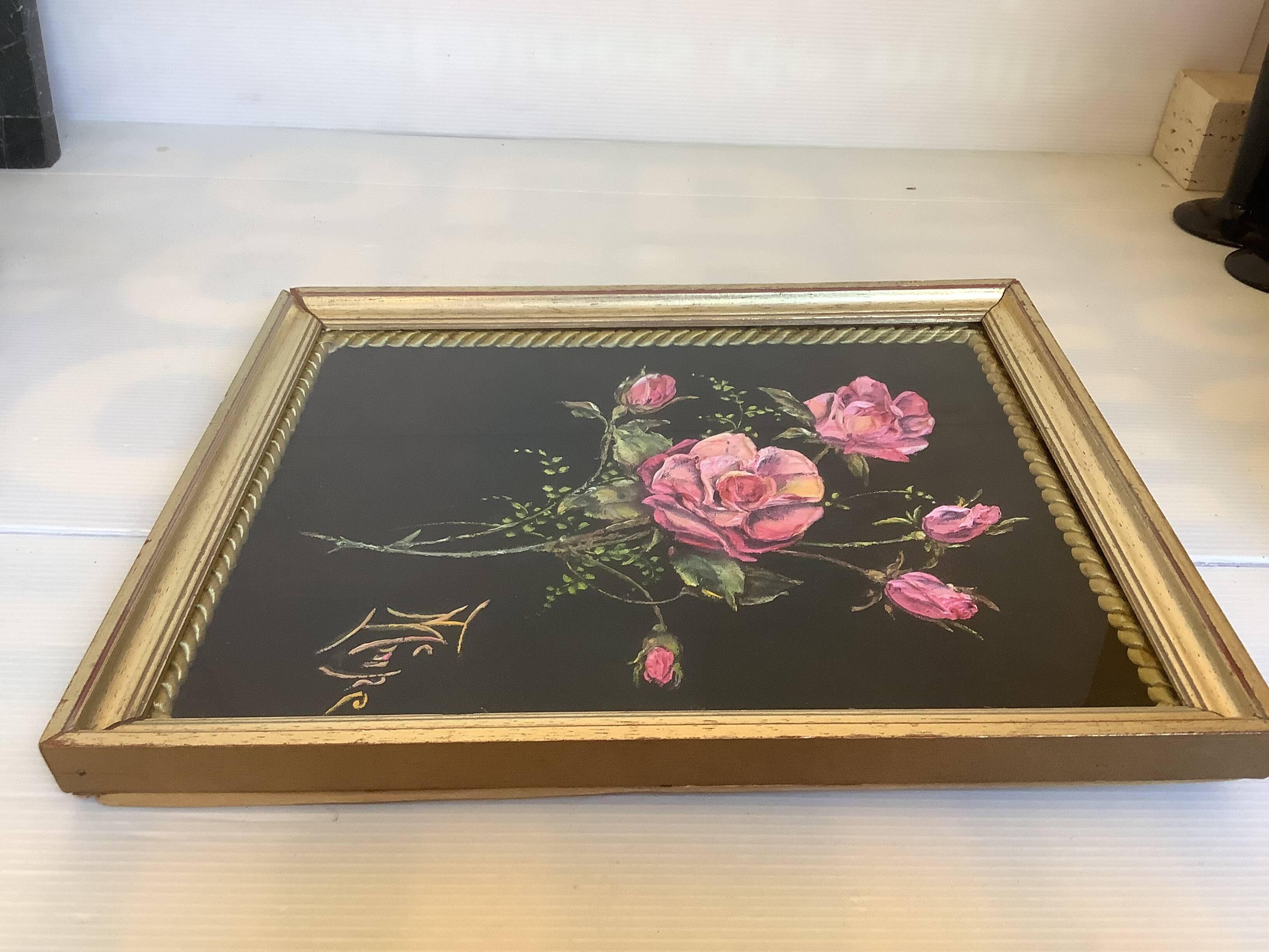 Tableau bouquet de fleurs peint sur velours signée