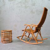 Mid-century bamboo and brass rocking chair and side table from fm, 1950s, set of 2.