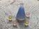 Blue glass liqueur carafe and 4 small vintage granite glasses