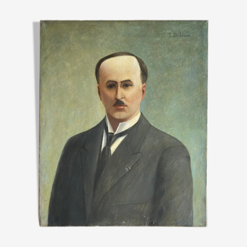 Ancient painting, portrait of a man with a mustache , signed Louis Debiesse, circa 1930