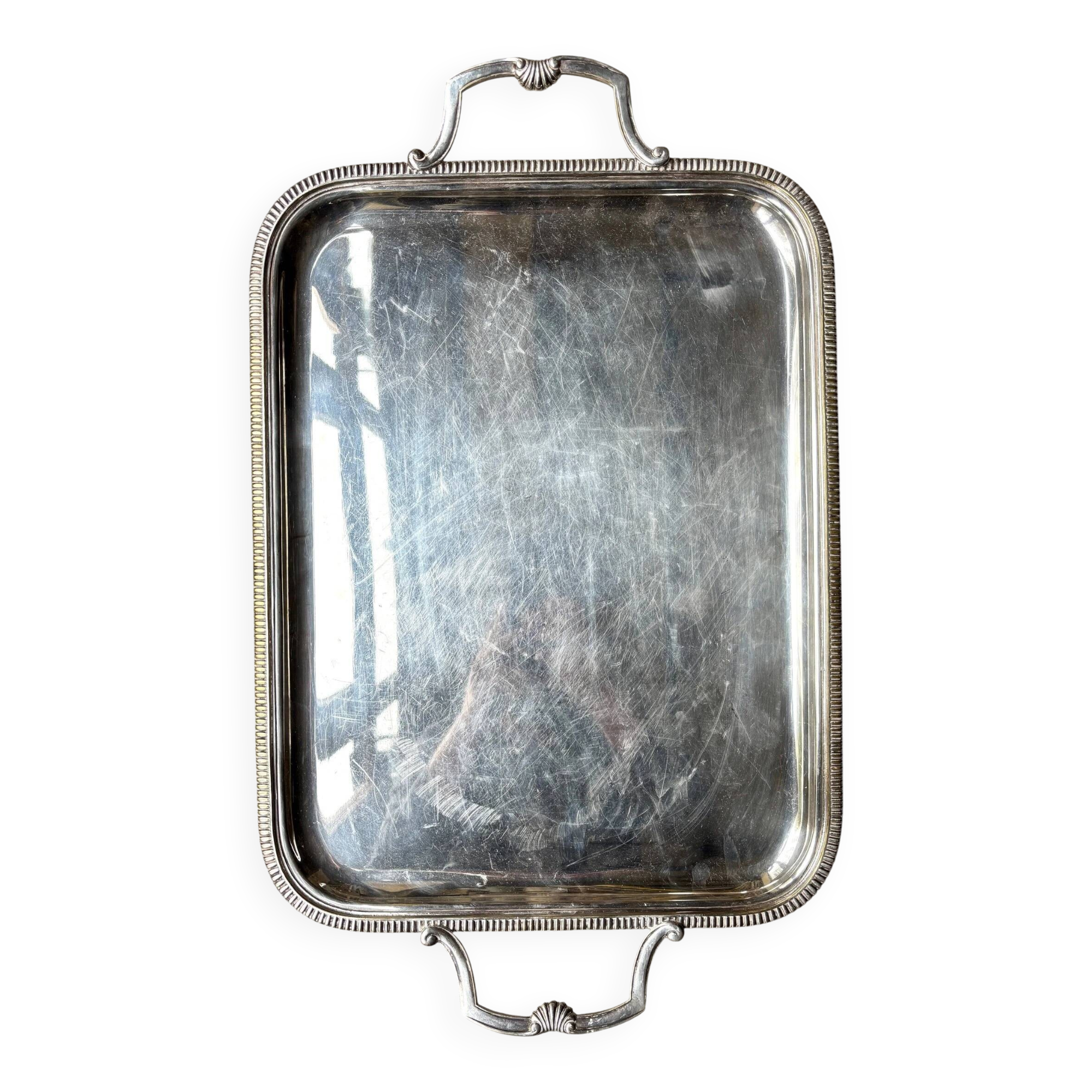 Rectangular silver-plated metal tray with a striated and shell design