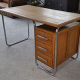 Bauhaus design desk in chrome tube and solid oak by Kovona 1960s