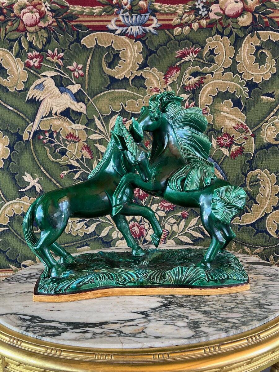 Glazed Ceramic Sculpture, Two Horses, Signed R. Prunet, 20th Century