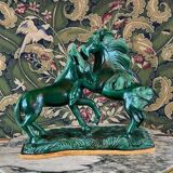 Glazed Ceramic Sculpture, Two Horses, Signed R. Prunet, 20th Century