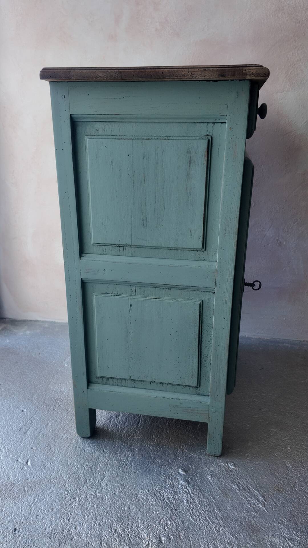 Small vintage side table in sage green patina and solid wood.
